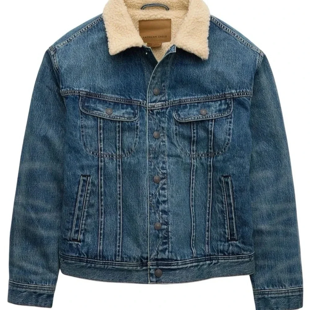 American Eagle Men's Sherpa Lined Denim Trucker Jacket Blue Size M